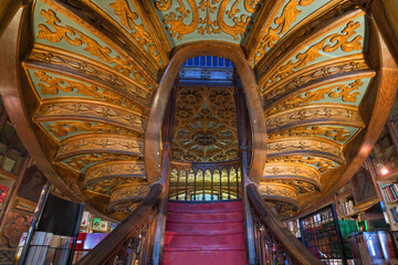 Porto, Portugal – September 16, 2013 : Bookshop of Lello and Irmao, Spiral stairs, Oporto,...