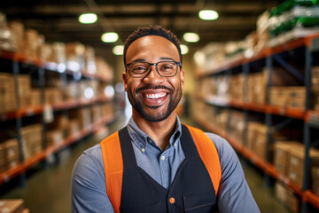 Naklejka premium Portrait of a happy retail shipping analyst working at warehouse, Stock management and logistics.