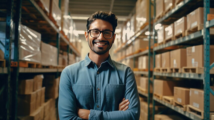 Portrait of a happy retail shipping analyst working at warehouse, Stock management and logistics. - obrazy, fototapety, plakaty
