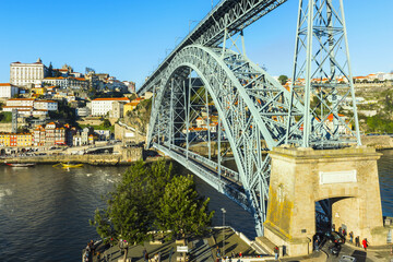 Former Episcopal Palace overlooking Ribeira district and Ponte Dom Luis I Bridge, Unesco World Heritage Site, OPorto, Portugal
