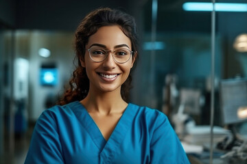 Portrait of happy surgeon woman with arms crossed in hospital, Healthcare and wellness concept. - obrazy, fototapety, plakaty