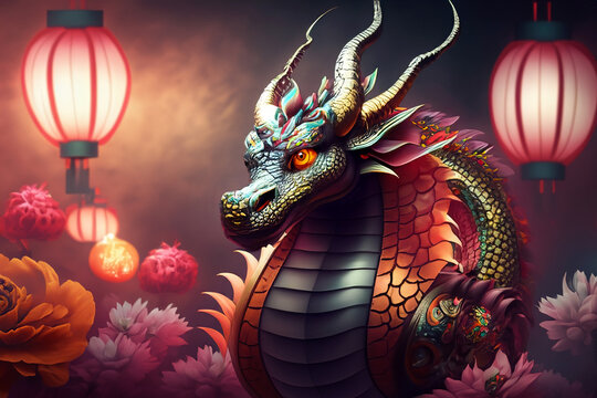 A magnificent dragon on the background of flowers and lanterns 