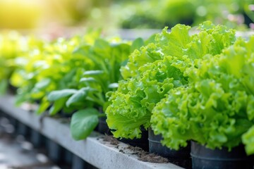 A Row of Lettuce Plants in a Greenhouse