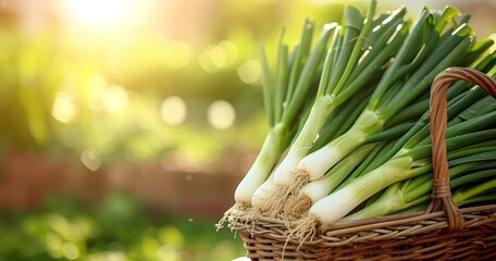 A Vibrant Close-Up of Raw Leeks, Perfectly Housed in a Wicker Basket in the Open Air