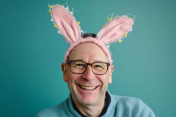 Happy senior man wearing easter rabbit headband with ears on background.