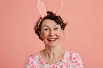 Obraz na płótnie Canvas Happy senior woman wearing easter rabbit headband with ears on background.