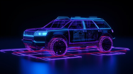 futuristic car on black background with tech and blue neon hologram light - Powered by Adobe