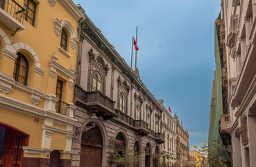 Street view in the historical city center of Lima Peru. The cathedral can be seen in the background