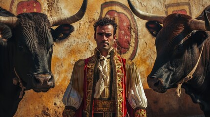 Torero, matador, bullfighter. Performing a traditional classic bullfight
