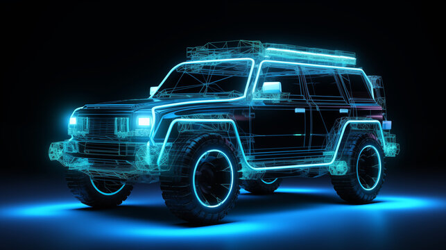 futuristic car on black background with tech and blue neon hologram light