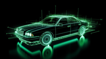 futuristic car on black background with tech and green neon hologram light