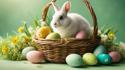 cute white easter bunny lies in a wicker basket with festive easter eggs, decorated with spring flowers, beautiful spring light, scene on green background