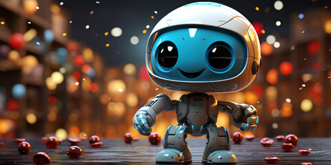Modern futuristic baby robot with glowing eye Cute robot joking funny. - obrazy, fototapety, plakaty