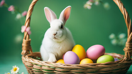 cute white easter bunny sitting in a wicker basket with festive easter eggs, decorated with spring flowers, beautiful spring light, scene on green background