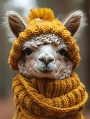 Alpaca wearing a knitted fall sweater, amidst a scenic autumn backdrop, highlighting the charm and warmth of the season