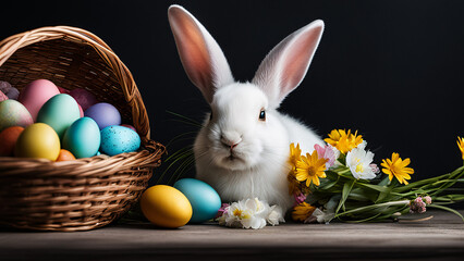white Easter bunny sits near a wicker basket with festive Easter eggs, decorated with spring flowers, spectacular light, scene on black background