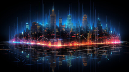 city skyline landscape background with smartcity network hologram white and blue vertical neon