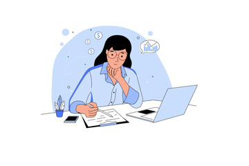 A woman working at a computer at home, a financial advisor.
