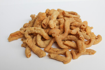 Crispy fried chicken intestines, isolated on white background