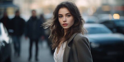 Fototapeta premium Beautiful woman walking in modern city with blurred bokeh background. 