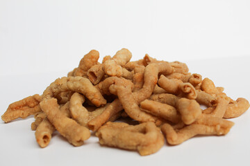 Crispy fried chicken intestines, isolated on white background