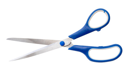Top view of multipurpose scissors with blue handle isolated with clipping in png file format. path....