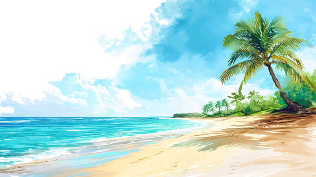 Watercolor drawing beach white background,
 Palm-fringed tropical beach by the serene sea under a sunny sky, creating a picturesque paradise for a relaxing summer vacation, wide size