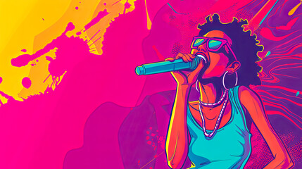 Music artist performing on a purple background with microphone. copy space