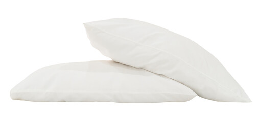 White pillows in stack after guest's use in hotel or resort room isolated with clipping path in png file format. Concept of confortable and happy sleep in daily life
