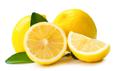 Front view of yellow lemon fruit with half slice or quarter and leave isolated on white background with clipping path