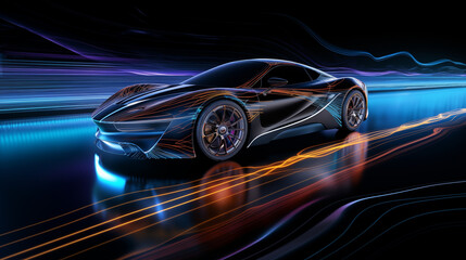 fast car on black background with tech futuristic and bl ue yellow neon hologram light