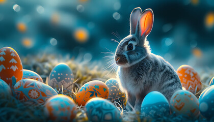 an easter bunny is near many colorfully painted easte