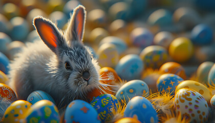 an easter bunny is near many colorfully painted easte - obrazy, fototapety, plakaty