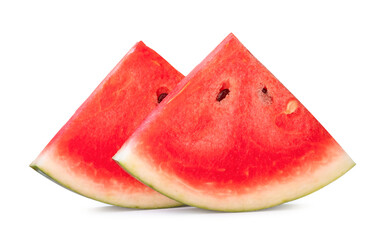 Front view of ripe red watermelon slices isolated  with clipping path and shadow in png file format