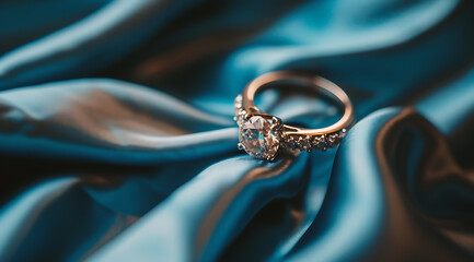 an engagement ring sits on a blue satin fabric in
