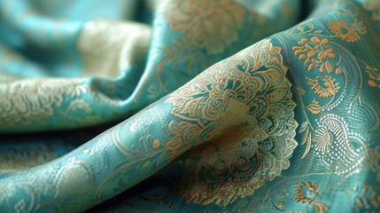 A close up view of elegant brocade fabric in a refreshing 'Mint', displaying its rich, decorative patterns, ideal for luxurious home decor, ceremonial attire, and high-fashion pieces