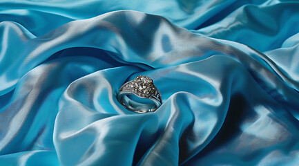 an engagement ring sits on a blue satin fabric in - obrazy, fototapety, plakaty