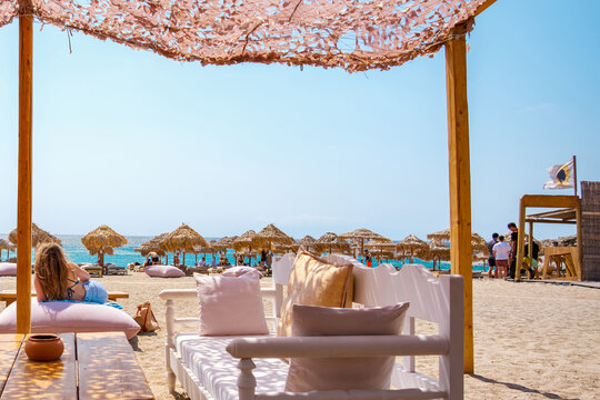 Lia Beach, wild and free beach in the south of Mykonos, Greece. Pristine bay with blue sea and crystal water, famous for naturism and Scuba diving school, peaceful and quiet.