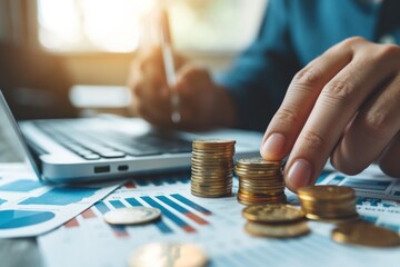 Person Stacking Coins in Front of Laptop, money investment concept