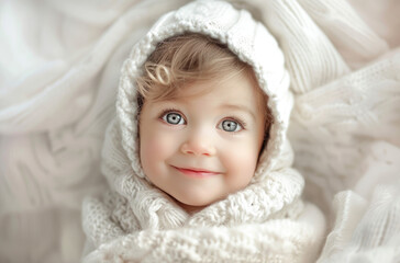 Fototapeta na wymiar a little child in a hooded vest is smiling