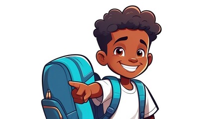 A happy African American smiling boy with a raised thumb goes to school. A child in a white T-shirt with a backpack on a white background, Back to school.