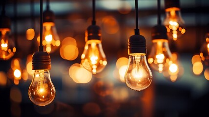 Vintage incandescent Edison light bulbs decorate the room. - obrazy, fototapety, plakaty
