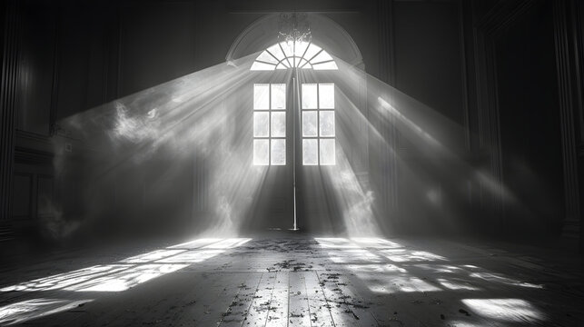 A grayscale shot of an open rounded door letting light into a dark room