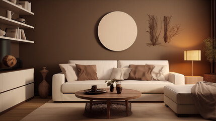 Sophisticated Living Room with L-Shaped Sofa and Round Mirror on a Neutral Wall