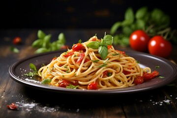 Delicious pasta on plate on grey wooden background