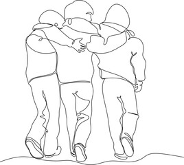 Line drawing of school friends. Boys walk hugging each other