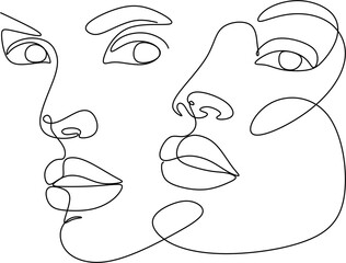 Abstract faces continuous drawing. Couple print, kiss print, Valentine's Day illustration. Poster about love. Romantic couple.