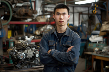 A young car mechanic poses for the camera with his arms crossed in a car repair shop