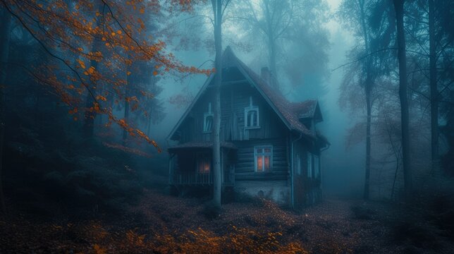 Scary dark shack at gloomy forest at night. Rural house at wood. Mystery cottage. Haunted abandoned shelter. Mysterious creepy forgotten paranormal cabin. Horror scene