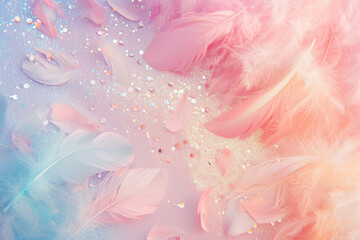 Soft pastel background with shiny sequins and feathers. Generative AI